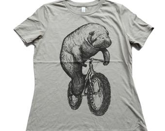 Manatee on a Bike- Womens relaxed fit T Shirt, Ladies Tee, Blended Tee, Handmade graphic tee, sizes s-xL