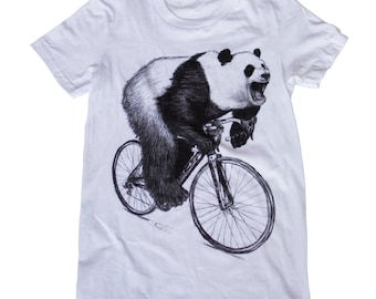 Panda on Bicycle T-Shirt: Hand Screen Printed Tri-Blend Tee