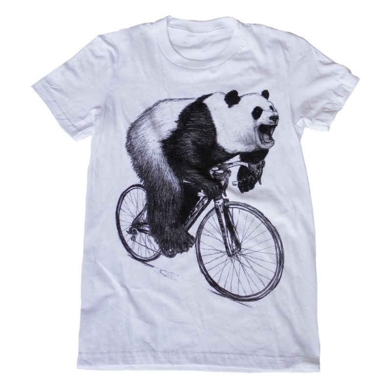 Panda on a Bicycle Womens T Shirt, Ladies Tee, Tri Blend Tee, Handmade graphic tee, sizes s-xL image 1