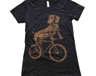 Dachshund Shirt - Dachshund Riding A Bicycle - Screen Printed Short-Sleeve Women's Shirt -Dark Cycle Clothing - Bike Shirt