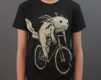 Axolotl Shirt - An Axolotl Riding A Bicycle - Screen Printed Short-Sleeve Kids Shirt For Axolotl Lovers - Bike Shirt