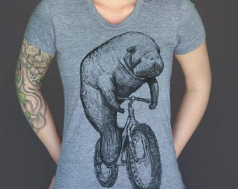 Manatee Shirt - Manatee Riding A Bicycle - Screen Printed Women's Shirt For Manatee Lovers - Dark Cycle Clothing - Bike Shirt