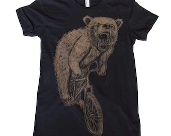 Bear on a Bicycle Women's T- Shirt - Bear Riding A Bicycle -Screen Printed Women's Shirt For Bear Lovers - Bike Shirt