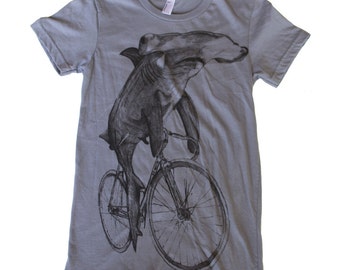 Hammerhead on a Bicycle- Womens T Shirt, Ladies Tee, Cotton Tee, Handmade graphic tee, sizes s-xL