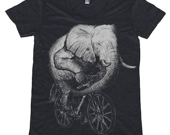 Elephant Women's T- Shirt - Quirky Elephant Riding a Bicycle Shirt - Gifts for Elephant Lovers - Dark Cycle Clothing - Bike Shirt