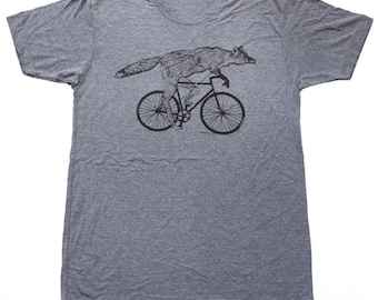 Fox on a bicycle- Mens T Shirt, Unisex Tee, Tri Blend Tee, Handmade graphic tee, sizes xs-xxl