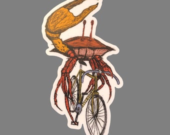 Crab on Bicycle Sticker - Durable Vinyl Decal