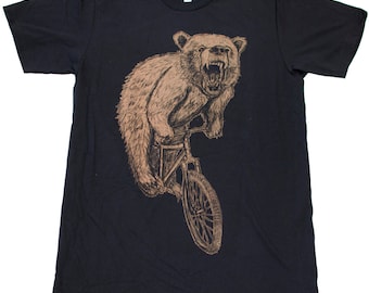 Bear Shirt - Bear Riding A Bicycle - Screen Printed Short-Sleeve Men&#39;s Unisex Shirt - Dark Cycle Clothing -Bike Shirt