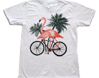 Flamingo Riding Bicycle T-Shirt: Hand Screen Printed Unisex Tee
