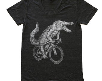 Alligator Shirt - Screen Printed Short-Sleeve Women's Shirt For Alligator Lovers - Alligator Riding A Bicycle - Bike Shirt