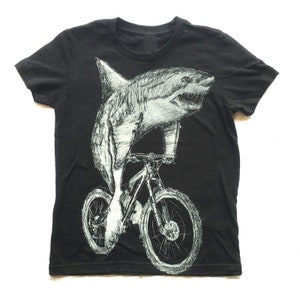 Great White Shark on a Bicycle Kids Shirt - Great White Shark Riding A Bicycle - - Dark Cycle Clothing - Shark Week - Bike Shirt