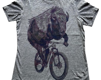 Buffalo on a Bicycle- Womens T Shirt, Ladies Tee, Blended Tee, Handmade graphic tee, sizes s-xXL