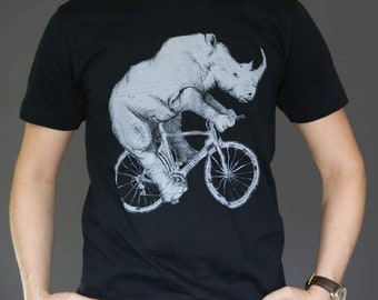 Rhinoceros Shirt - Rhinoceros Riding A Bicycle - Screen Printed Men's Unisex Shirt For Rhinoceros Lovers - Dark Cycle Clothing - Bike Shirt