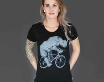 Rhinoceros Shirt - Rhinoceros Riding A Bicycle - Screen Printed Women's Shirt For Rhinoceros Lovers - Dark Cycle Clothing - Bike Shirt