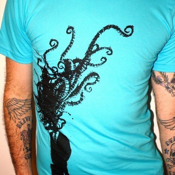 Octopus Corporate Man Explosion - Aqua Blue American Apparel TShirt-  Complimentary  Shipping - Available in XS, S, M, L and XL