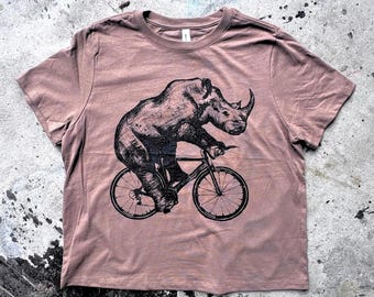 Rhinoceros on a Bicycle Women's T-shirt, Hand Screen Printed, Vintage Brown Heavy Cotton