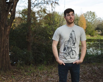 Wolf on a Bicycle - Mens T Shirt, Unisex Tee, Cotton Tee, Handmade graphic tee, Bicycle shirt, Bike Tee, sizes xs-xxl