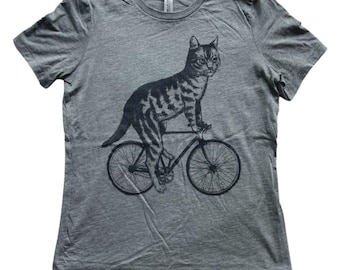 Cat on a Bicycle- Womens T Shirt, Ladies Tee, Tri Blend Tee, Handmade graphic tee, sizes s-xL