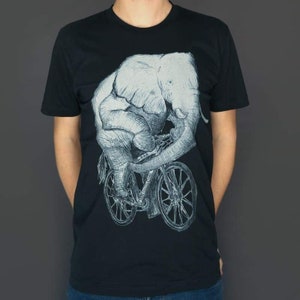 Elephant Men&#39;s Unisex T- Shirt - Quirky Elephant Riding a Bicycle Shirt - Gifts for Elephant Lovers - Dark Cycle Clothing - Bike Shirt