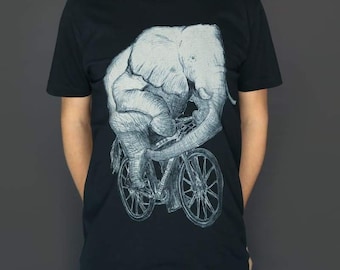 Elephant Men's Unisex T- Shirt - Quirky Elephant Riding a Bicycle Shirt - Gifts for Elephant Lovers - Dark Cycle Clothing - Bike Shirt