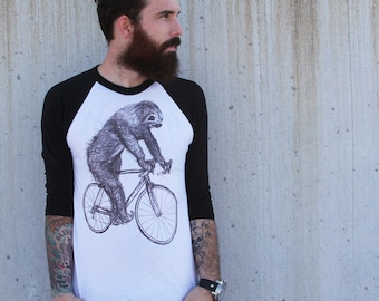 Sloth on a Bike - Baseball Raglan Tee, Mens T Shirt, Unisex Tee, Handmade tee, Bicycle shirt, size xs-xxl, Best Seller, Best Selling Item