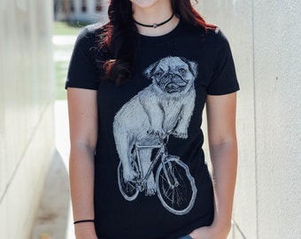 Pug Shirt - Pug Riding A Bicycle - Screen Printed Women's Shirt For Pug Lovers - Dark Cycle Clothing - Bike Shirt