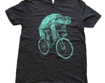 Sea Turtle Shirt - Sea Turtle Riding A Bicycle - Screen Printed Men's Unisex Shirt For Sea Turtle Lovers - Dark Cycle Clothing - Bike Shirt