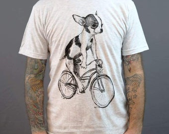 Chihuahua On A Bicycle Men's T- Shirt - Screen Printed Men's Unisex Short-Sleeve Tee For Chihuahua Lovers - Dark Cycle Clothing - Bike Shirt