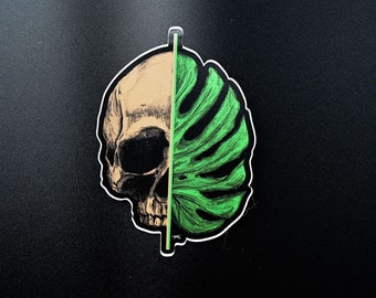 Skull/Monstera Sticker - Skull/Monstera Vinyl Vinyl Sticker For Laptops, Cars, Water Bottles - High-Quality, Durable Stickers