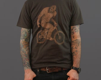 Bigfoot Shirt - Bigfoot Riding A Bicycle - Screen Printed Men's Unisex Shirt For Bigfoot Lovers - Dark Cycle Clothing - Bike Shirt