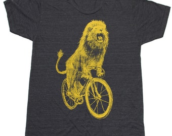 Lion on a Bicycle - Mens T Shirt, Unisex Tee, Tri Blend Tee, Handmade graphic tee, size xs-xxl. Best Seller, Best Selling Item, Gift for him