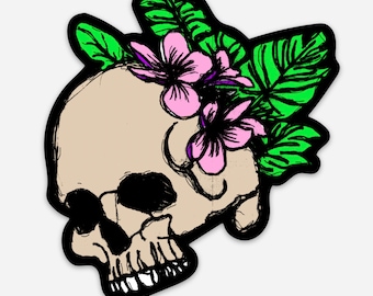 Botanical Skull Sticker - Botanical Skull Vinyl Sticker For Laptops, Cars, Water Bottles - High-Quality, Durable Stickers