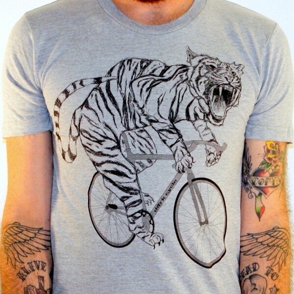 Tiger on a Bike T Shirt - Heather Grey Bike Shirt American Apparel - Size XS, S, M, L, XL, and XXL 	1