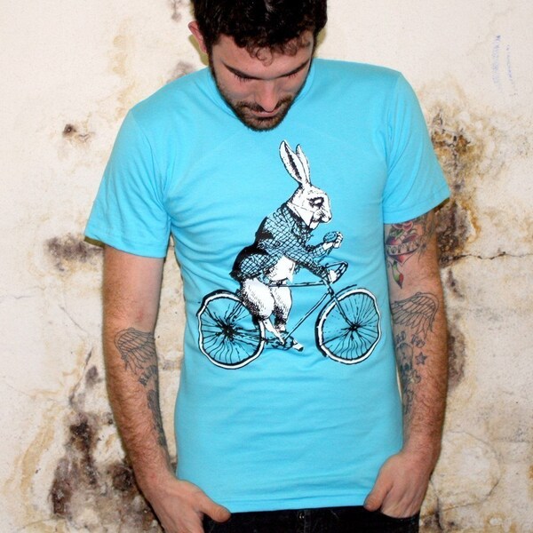 American Apparel t shirt - Bike - Rabbit on a Bike - AMERICAN APPAREL TSHIRT aqua - Available in xs s m l and xl- Complimentary Shipping