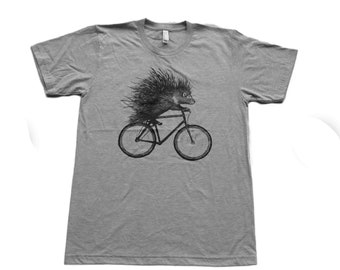 Porcupine on a Bicycle - Mens T Shirt, Unisex Tee, Cotton Tee, Handmade graphic tee, Bicycle shirt, Bike Tee, sizes xs-xxl
