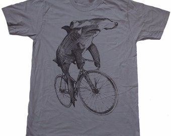 Hammerhead Shark Shirt - Hammerhead Shark Riding A Bicycle - Screen Printed Men's Shirt For Hammerhead Shark Lovers - Dark Cycle Clothing