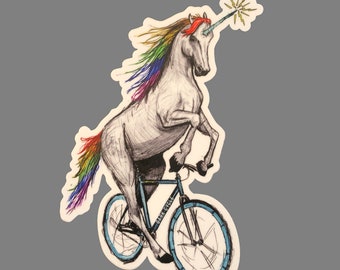Unicorn on Bicycle Sticker - Durable Vinyl Decal