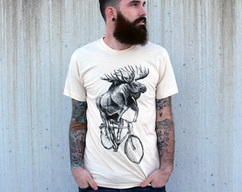 Moose on a bicycle - Mens T Shirt, Unisex Tee, Cotton Tee, Handmade graphic tee, Bicycle shirt, Bike Tee, sizes xs-xxl