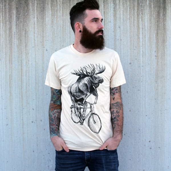 Moose on a bicycle - Mens T Shirt, Unisex Tee, Cotton Tee, Handmade graphic tee, Bicycle shirt, Bike Tee, sizes xs-xxl