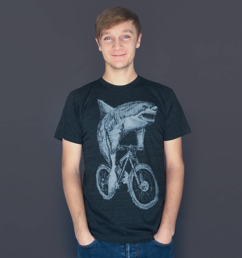 Great White Shark on a Bicycle T Shirt Funny Shirt Gift for Him Hipster Shirt image 2