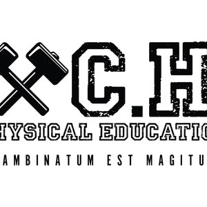 May include: Black and white graphic design with the text "C.H. PHYSICAL EDUCATION.  BAMBINATUM EST MAGITUM."  The design features two crossed hammers.