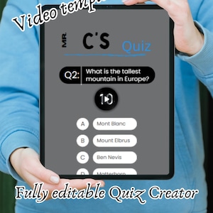 以下が含まれることがあります： タブレットの画面に表示されているデジタルクイズテンプレート。クイズの質問は「ヨーロッパで最も高い山は？」で、選択肢はモンブラン、エルブルス山、ベン・ネビス、マッターホルンです。テンプレートは完全に編集可能で、あらゆるテーマに使用できます。