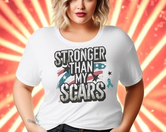 Stronger Than Scars T-Shirt PTSD Awareness Gift, USA Icon Design, Turquoise Ribbon Tee, Veteran-Owned