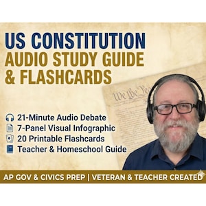 Puede incluir: Imagen de una guía de estudio y tarjetas didácticas para la Constitución de los Estados Unidos. El título está en letras grandes azules y doradas. La guía incluye un debate de audio de 21 minutos, una infografía visual de 7 paneles, 20 tarjetas didácticas imprimibles y una guía para profesores y escuelas en casa.