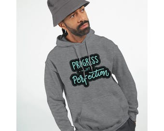 Progress Not Perfection Hoodie Motivational Gift, Personal Growth Sweatshirt, 50% Cotton Apparel, Veteran-Owned