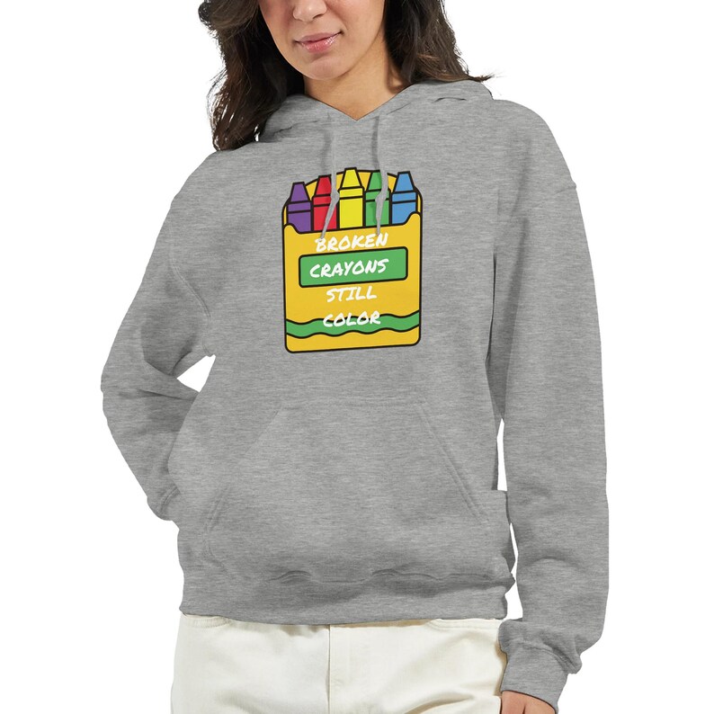 Broken Crayons Hoodie Inspirational Gift, Comfort Wear Sweatshirt, 50% Cotton Positivity Apparel, Veteran-Owned Ash