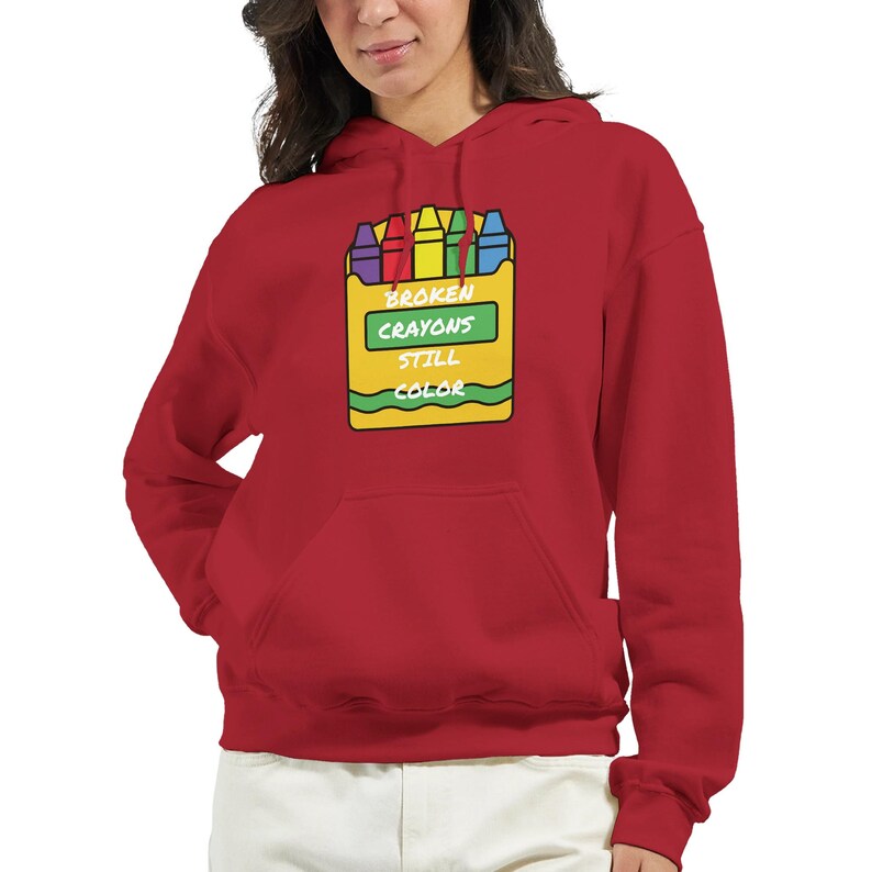 Broken Crayons Hoodie Inspirational Gift, Comfort Wear Sweatshirt, 50% Cotton Positivity Apparel, Veteran-Owned Cherry Red