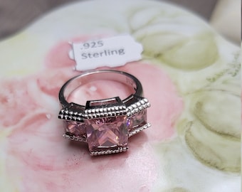 Pink Sapphire CZ October Birthstone Promise ring 12mm X 8mm Pink  Marquise Ring Signed 925  Excellent Condition  RING SIZE 7