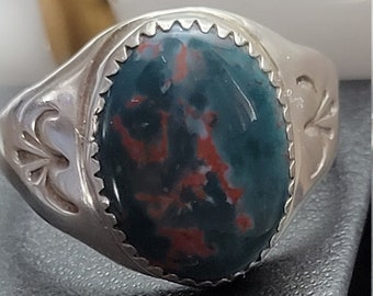 Andrew Laahte March BirthStone Natural African Red Jasper Old Handmade Ring Marked .925 Natural Molted Bezel Set  Size 13 Antique