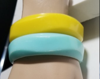 1960s Bakelite Bangle Bracelet set of 2 One Blue and Yellow wide Retro Bangles 6/8" wide and will fit any wrist up to 7" max